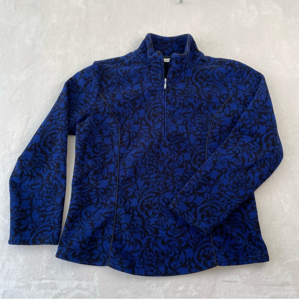 Coldwater Creek Jacket Womens Sz L Fleece Fitted Floral Blue 1/4 Zip Cozy Granny